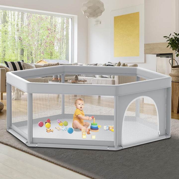 74" ×50" Large Baby Playpen, Baby Playard for Babies and Toddlers, Baby Fence Play Pens for Indoor & Outdoor, Sturdy Safety Play Yard with Soft Breathable Mesh, Anti-Fall, Grey