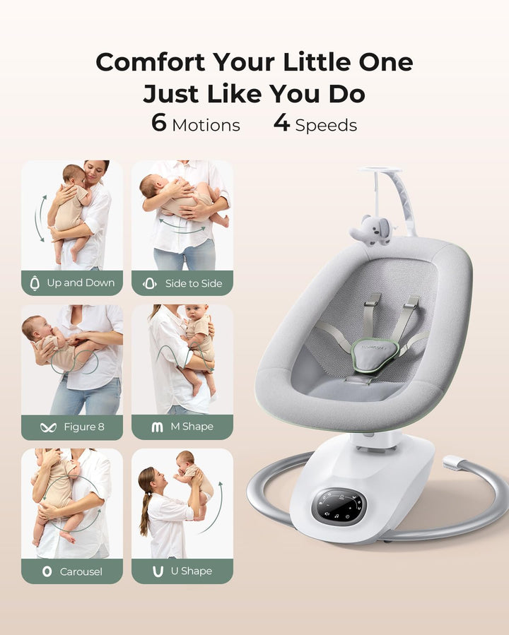 Cocosway 3D-Motion Baby Swing for Infants to Toddlers, 6 Motion Modes & 4 Speeds, 180° Rotating Seat, Remote Control, Reclining Seat with 5-Point Harness, 8 Preset Lullabies, Grey