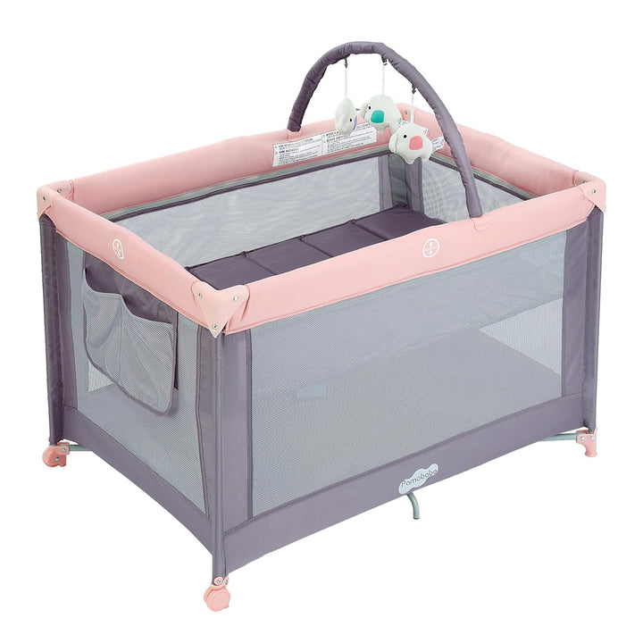 Portable Playard,Sturdy Play Yard with Padded Mat and Toy Bar with Soft Toys