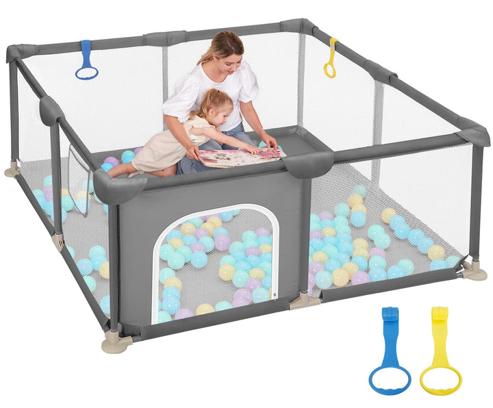 Baby Playpen, 48"×48" Play Pens for Babies and Toddlers, Safe Anti-Fall Play Yard with Gates, Baby Fence with Breathable Mesh, Indoor & Outdoor Kids Activity Center, Anchor Grey