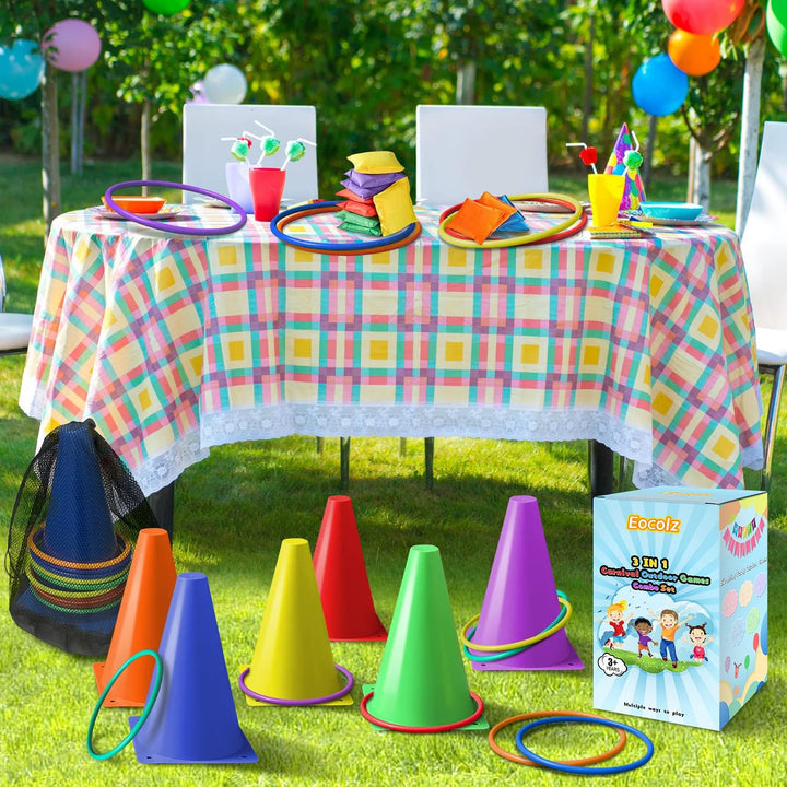3 in 1 Carnival Games Set, Soft Plastic Cones Bean Bags Ring Toss Games for Kids Birthday Party Outdoor Games Supplies Combo Set