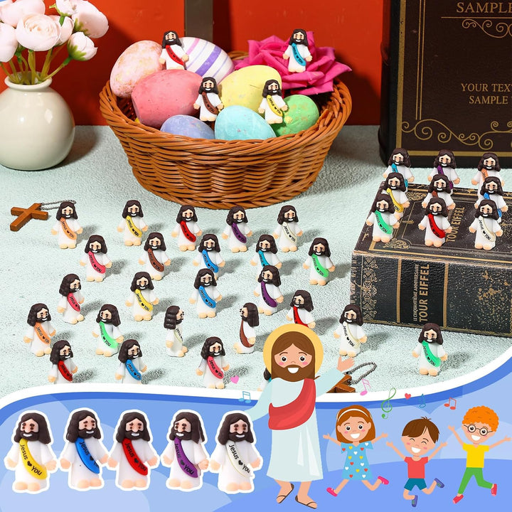 100 Pcs Little Jesus Figures Jesus Loves You Original Design Rubber Pocket Toys Little Figures to Hide and Seek Sunday School Religious Party Share Gifts(Vibrant Color)