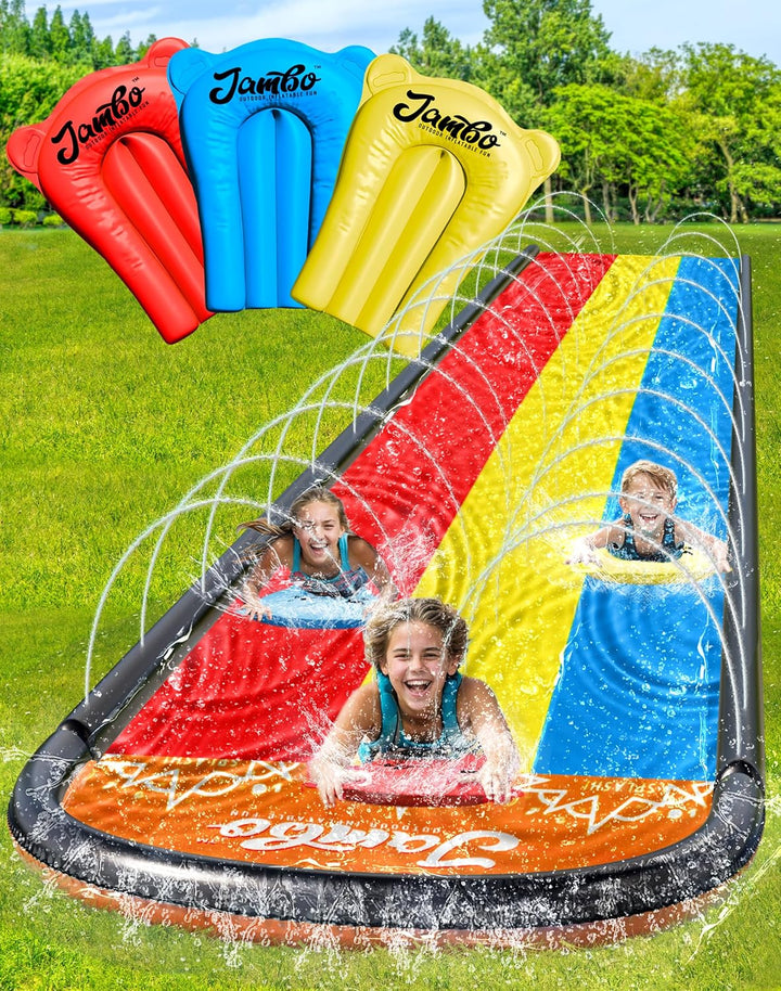 Premium Triple Water Slide with 3 Bodyboards, 20Ft Heavy Duty Slip Splash and Slides-Advanced 3-Way Sprinkler System, Splash Pad Mat Backyard Summer Outdoor Water Toys N Long Slides for Kids