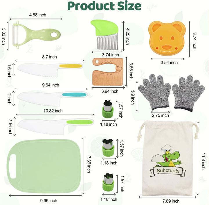 14 Pieces Wooden Kids Kitchen Knife Set with Gloves Cutting Board Fruit Vegetable Crinkle Cutters Serrated Edges Plastic Toddler Knifes for Real Cooking Kid Safe Knives - Crocodile
