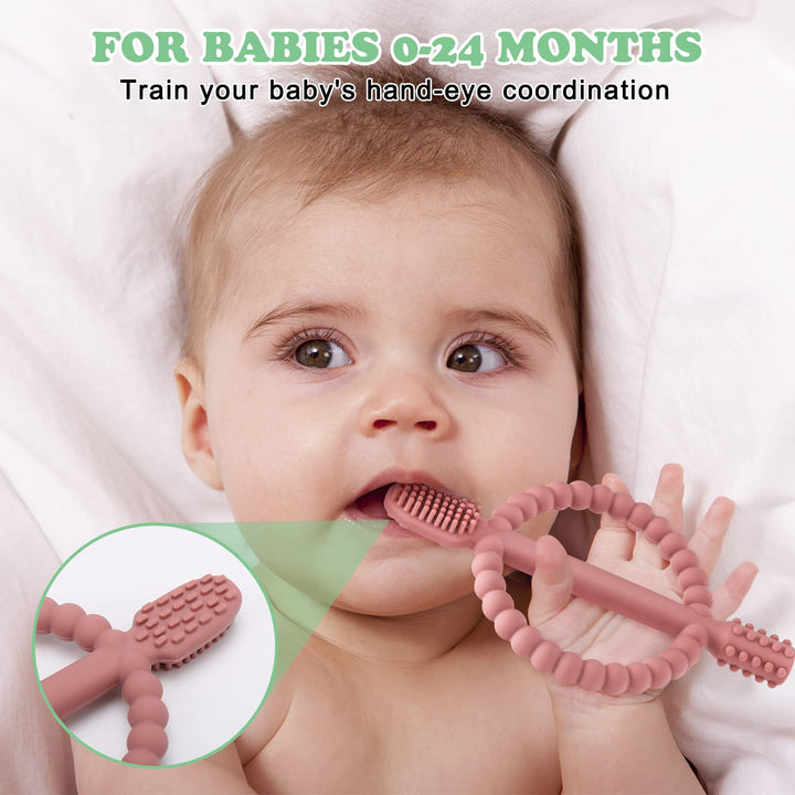 Baby Teething Toys with Easy-Hold Handle, Silicone Infant Toothbrush, Textured on Both Sides Helps Massage, Soothe Sore Gums, Teething Toys for Babies 0-6 Months, 6-12 Months Bright Green & Caramel