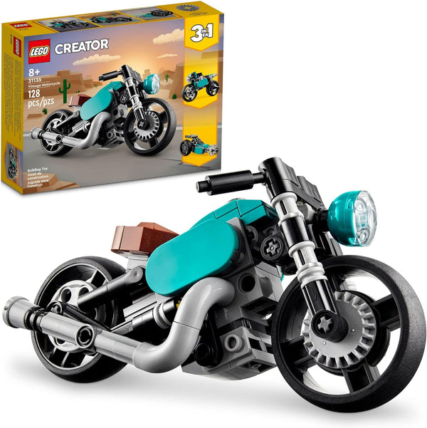 Creator 3 in 1 Vintage Motorcycle Set, Transforms from Classic Motorcycle Toy to Street Bike to Dragster Car, Vehicle Building Toys, Great Gift for Boys, Girls, and Kids 8 Years Old and Up, 31135