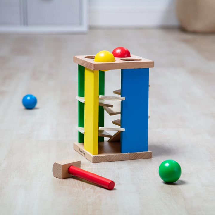 Deluxe Pound and Roll Wooden Tower Toy with Hammer, White