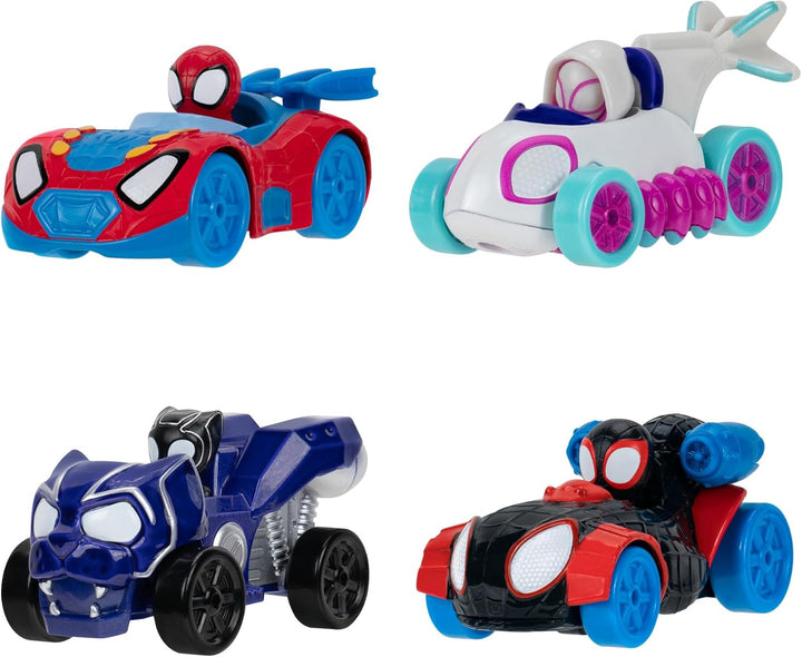 Marvel Spidey and Friends 4-Pack Die-Cast Vehicles - Includes Spidey, Ghost-Spider, Black Panther, Miles Morales - Superhero Toys for Kids 3+