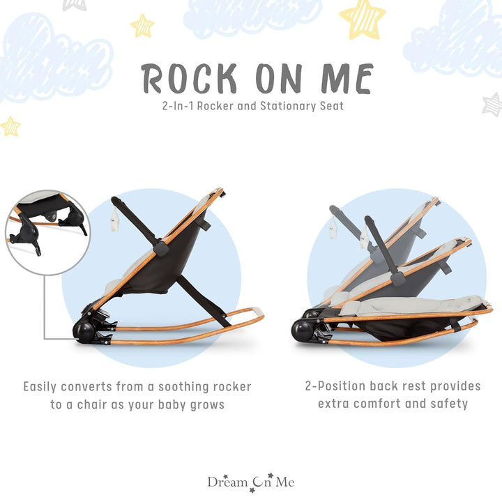 Rock with Me 2-In-1 Rocker and Stationary Seat | Compact Portable Infant Rocker with Removable Toys Bar & Hanging Toys in Black & Grey