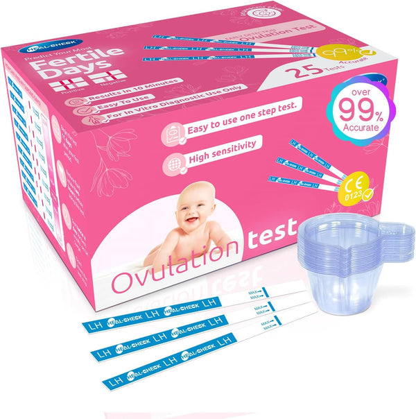 25 Count Ovulation Test Strips with Cups, Bulk Ovulation Test Strips for Women, Ovulation Predictor Kit, Accurate Fertility Tests for Home, Individually Wrapped 5Mm LH