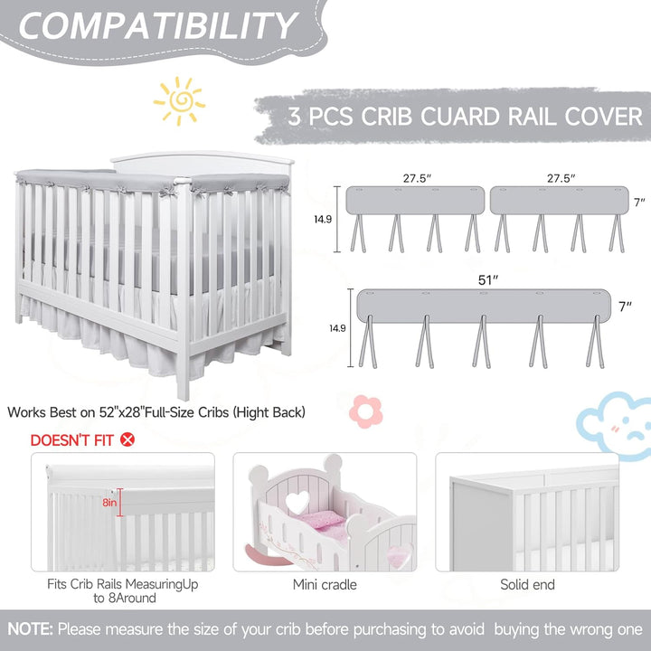 3Pcs New Teething Edge Crib Rail Cover&Corner Guard Coverage Straps,Reversible Guardrail Cover Protector for Boys Girls(1 Long 2 Short Gray)