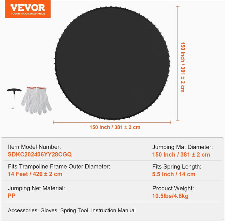 Replacement Trampoline Mat, Jumping Mat Fits 12/13/14/15 Ft Frame, Universal Jumping round Trampoline, Uv-Resistant Mat with Spring Tool & 72/80/92 V-Rings, Fit 5.5"/6.5"/7" Spring Length