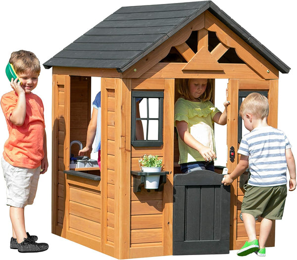 Sweetwater Cedar Wooden Kids Playhouse Cottage with Play Kitchen, Snack Bar, Half Door, Toy Phone, Windows, Flowerpot Holders, and Working Doorbell for Outdoor Imaginative Play
