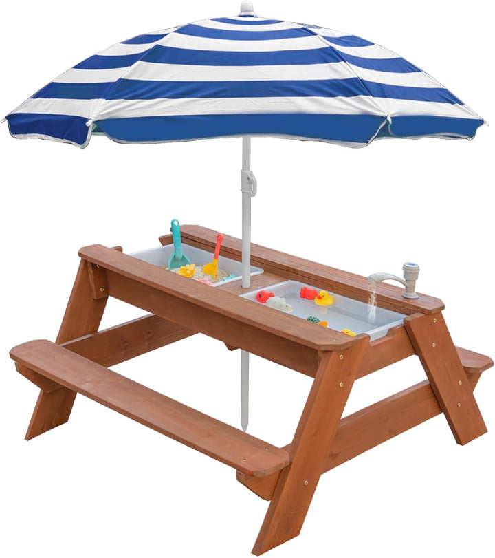 Kids 3-In-1 Sand & Water Table, Wood Outdoor Convertible Picnic Table with Umbrella, 2 Trays, Removable Top with Faucet, Picnic for Outdoor (Pink/Navy)