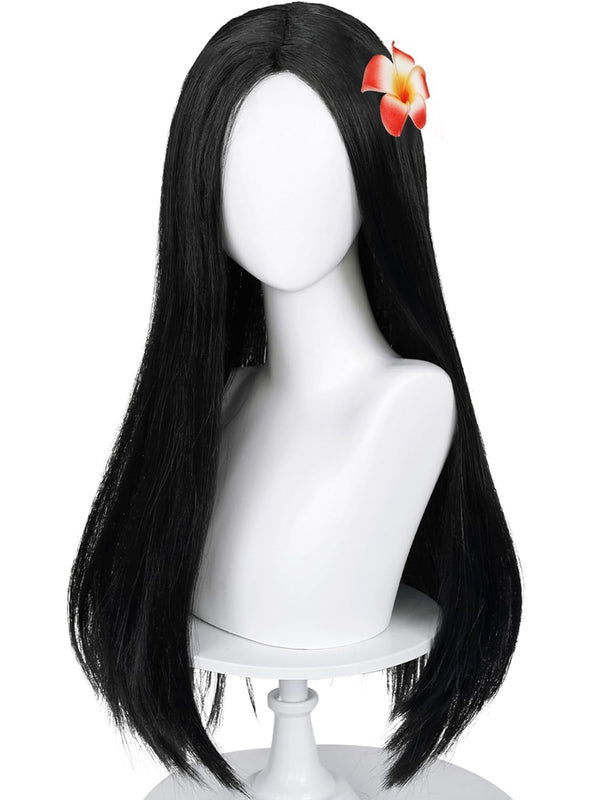 Long Straight Black Kids Wig with Flower Hair Clip, Wigs for Girls Toddler Cosplay 27.6'' Synthetic Hair + Wig Cap for Halloween Party Daily Costumes