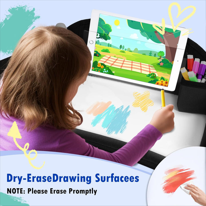 Kids Travel Tray for Car Seat, Toddler Road Trip Essentials with Drawing Kit, Travel Activities Must Haves (Black)