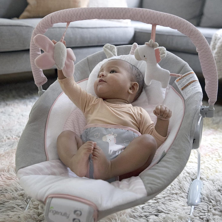 Soothing Baby Bouncer Infant Seat with Vibrations, -Toy Bar & Sounds, 0-6 Months up to 20 Lbs (Pink Flora the Unicorn)
