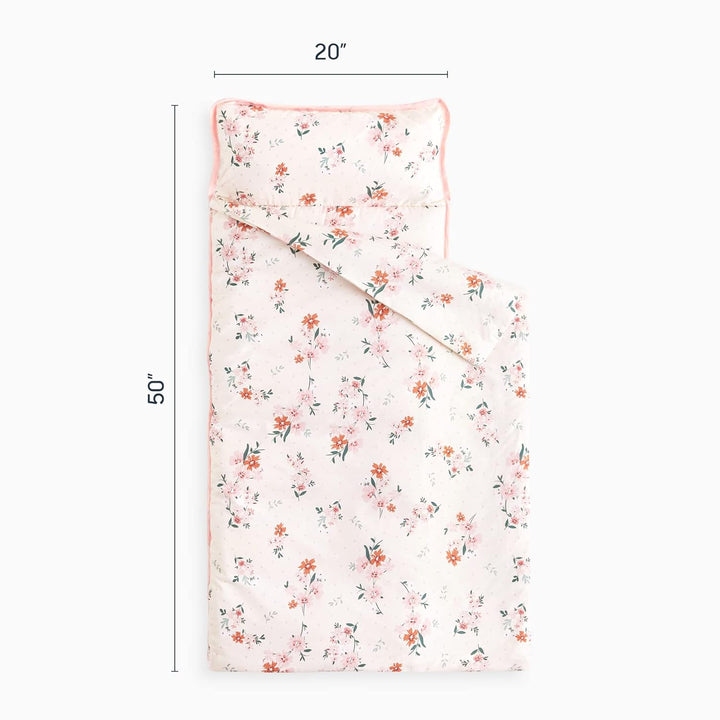 - Toddler Nap Mat with Pillow and Blanket, 100% Cotton Fabric, for Kids Girls in Daycare Kindergarten Preschool, Floral Botanical Flowers, Light Pink, Standard