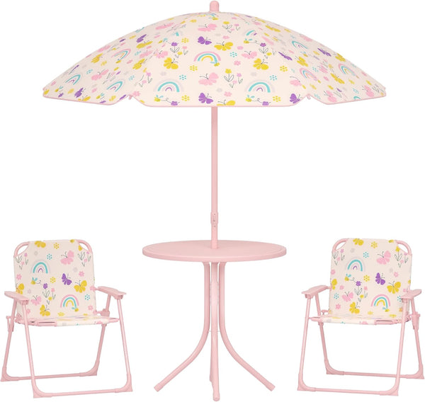 Kids Picnic Table and Chair Set, Outdoor Activity Table with Foldable Chairs, Removable Umbrella, Rainbow Pattern Toddler Patio Furniture for Backyard, Garden, Pink