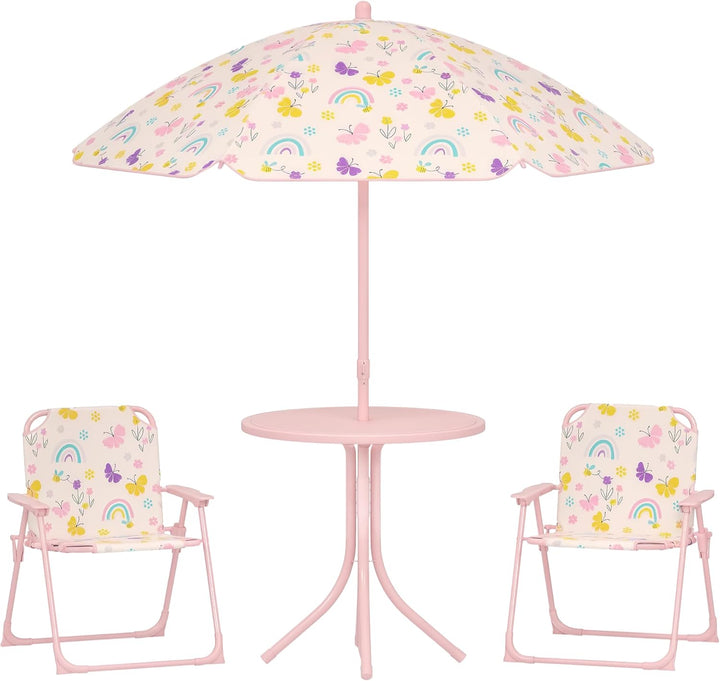 Kids Picnic Table and Chair Set, Outdoor Activity Table with Foldable Chairs, Removable Umbrella, Rainbow Pattern Toddler Patio Furniture for Backyard, Garden, Pink