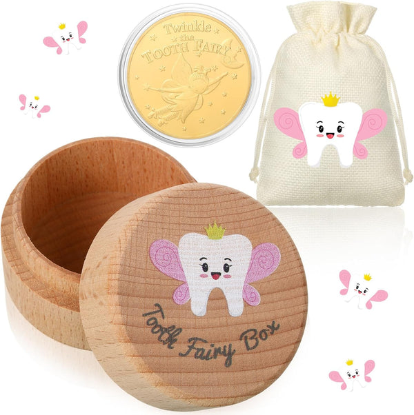 3 Pcs Tooth Fairy Gifts for Girls and Boys Tooth Fairy Box Coin Unicorn Bag with Gold Foil Reward Coins Wood Baby Keepsake Box for Lost Teeth Kids Birthday Gift