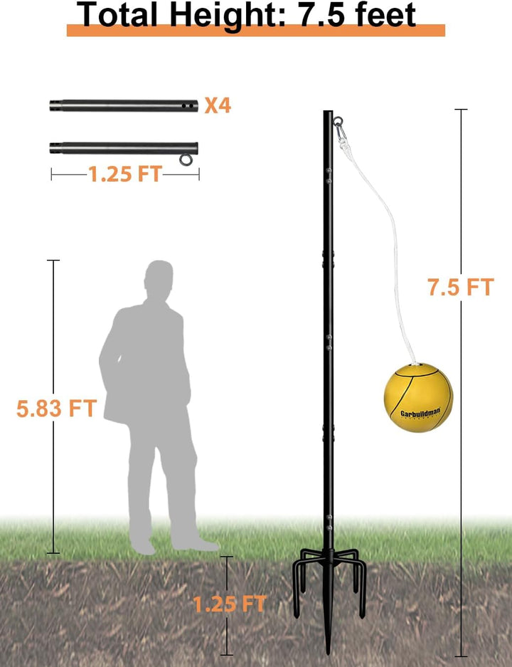 Tetherball Set with Ball & Rope for Outdoor Backyard, Adjustable Tether Ball Pole with Screw Reinforcement 5-Prong Base for Playground, outside Ball Games Sports for Kids & Adults