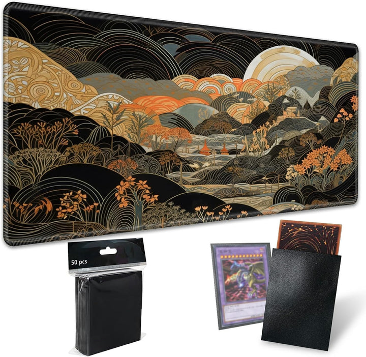 TCG Playmat Board Game Mat plus 50 Pcs Card Sleeves, 24 X 14 Table Mats Game Mousepad with Soft Surface Non-Slip Base for MTG RPG CCG Trading Card Game Playmats, Green Frog