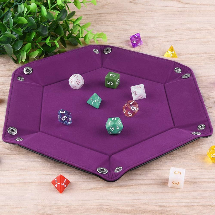 Double Sided Dice Tray, Folding Hexagon PU Leather and Velvet Dice Holder for Dungeons and Dragons RPG Dice Gaming D&D and Other Table Games, Dark Violet