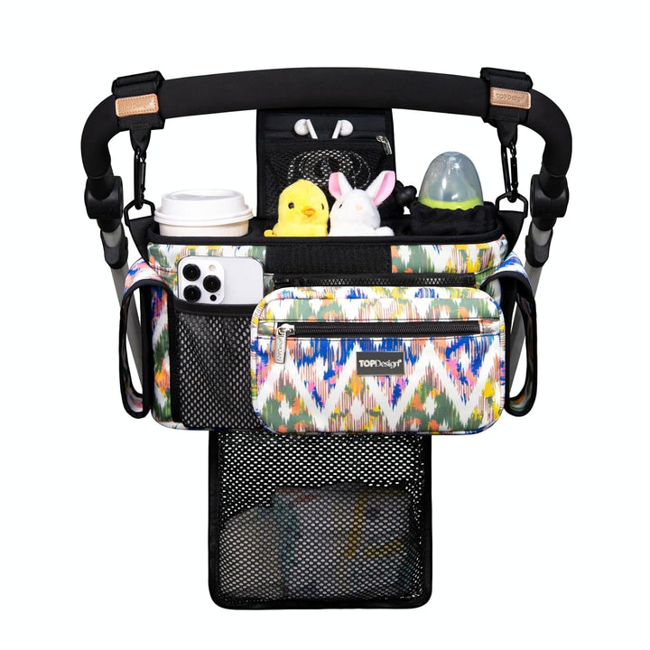Universal Baby Stroller Organizer, Stroller Caddy with Detachable Mesh Bag & Heightened Insulated Cup Holders & Non-Slip Secure Hooks Accessories, Fits Most Strollers (Checkerboard)