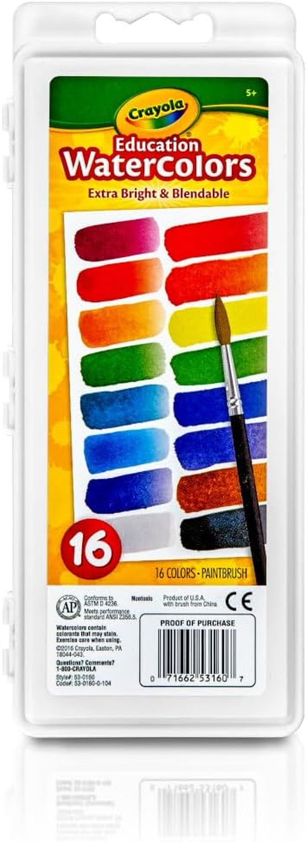 Watercolor Paint Set (16 Count), Washable Paint for Kids, 1 Paint Brush, Arts & Crafts Supplies, Assorted Colors, Ages 4+