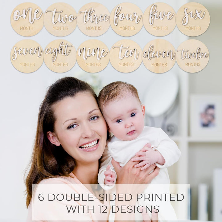 Milestone Wooden Circles for Monthly Baby: Newborn Age Milestone Signs Cards for Hospital - Month Markers Discs for New Boys and Girls