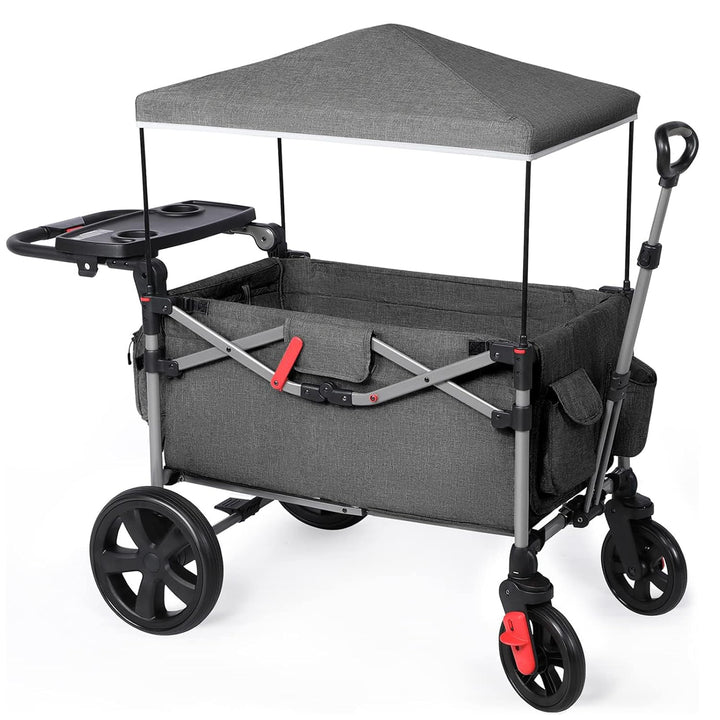 Foldable Wagons for Two Kids & Cargo, Collapsible Folding Stroller with Adjustable Handle Bar,Removable Canopy with 5-Point Harness Gray