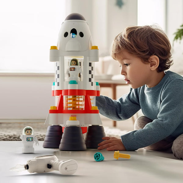 Rocket Space Toys, Kids Spaceship Playset W/Space Shuttle, 2 Astronauts, Educational STEM Take Apart Outer Space Adventure W/Electric Drill, Gift for 3 4 5 6 7 8 Year Old Boy Girl