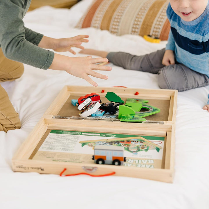 17-Piece Wooden Take-Along Tabletop Railroad, 3 Trains, Truck, Play Pieces, Bridge - FSC Certified