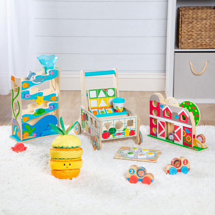 Wooden Shape Sorting Grocery Cart Push Toy and Puzzles - Pretend Play Grocery Toys, Sorting and Stacking Toys for Infants and Toddlers Ages 1+ - Fsc-Certified Materials