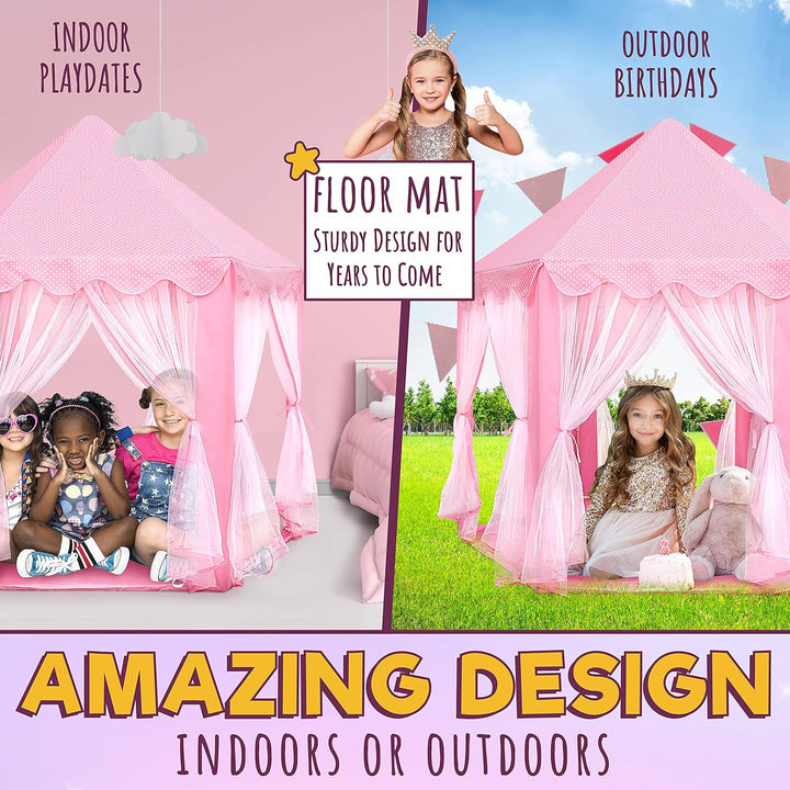 Princess Castle Playhouse Tent for Girls with LED Star Lights – Indoor & Outdoor Large Kids Play Tent for Imaginative Games – ASTM Certified, 230 Polyester Taffeta. Pink 55"X53".