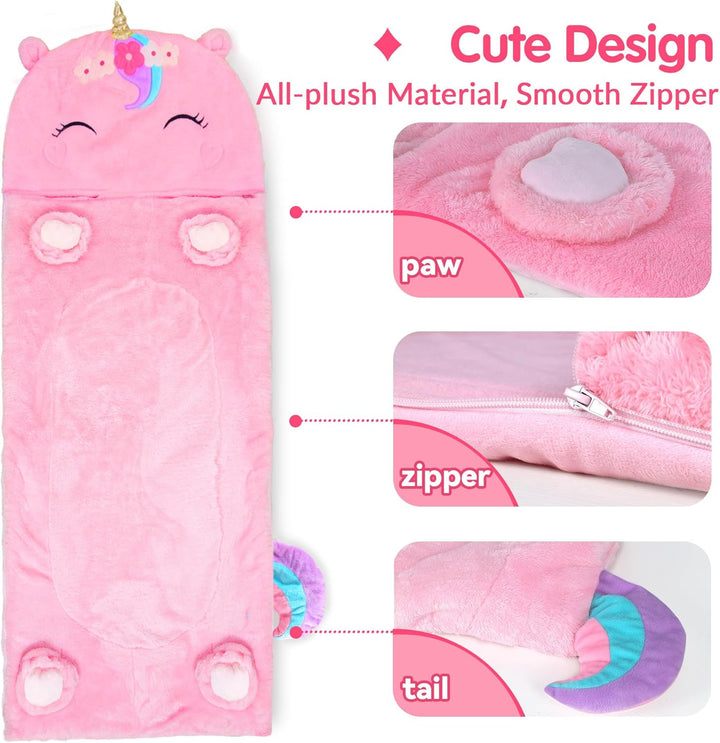 Kids Unicorn Sleeping Bag, Toddler Girl Nap Mat, Plush Animal Slumber Bag 2 in 1 Pink Pillow Daycare Preschool Kindergarten Birthday Gift Travel Sleepover 3 4 5 6 7 8 10 12 Yr Child Teen