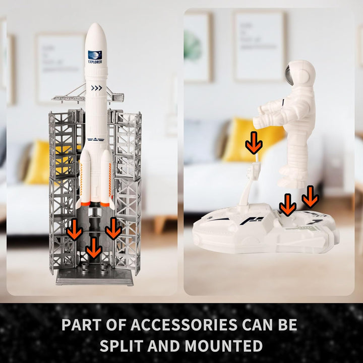 Space Explorer Toy Kit, Space Toys Set with Astronaut Figure, Double Satellite, Pointy Rockets and Launch Towers, Space Scooter, Astronaut Exploration Gift for Exploring Boys and Girls