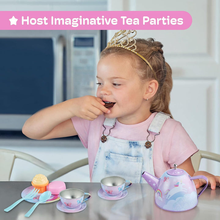 Tea Party Set - 15-Piece Toddler Tea Set with Unicorn Design for Kids - Includes Teapot, Cups, Saucers, Plates and Carrying Case for Imaginative Play and Storage
