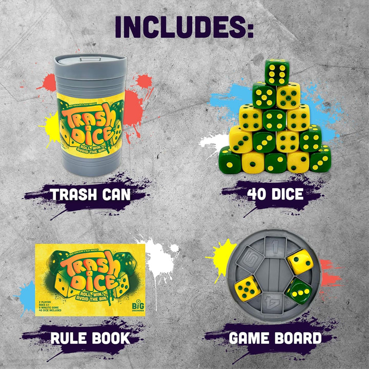 Trash Dice - Fast-Paced Family Dice Game | Exciting 2-Player Board and Dice Game with Trash Can and Dice Set | for Travel, Party, and Games Night