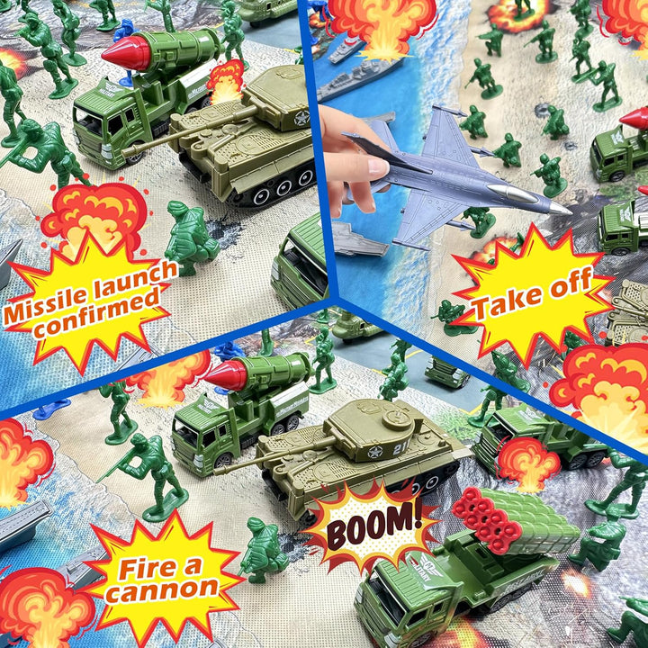 Army Men Playset - Large Set Including Army Men Action Figures, Battle Mat, Army and Navy Weapon Gear Accessories, Military Combat Toys, Army Toys for Boys Age 4-12