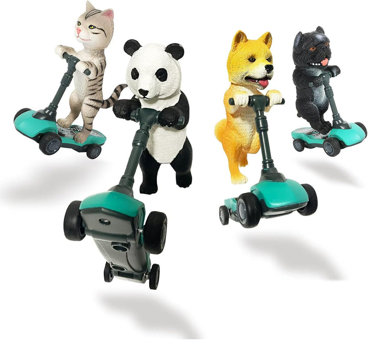 Dog and Cat Toy Scooter Pull Back Cars, 4-Pack Mini Animal Finger Kick Scooters with Panda, Kitten, Shiba Inu, and Bulldog Figures Toys for Boys and Girls Ages 3-6