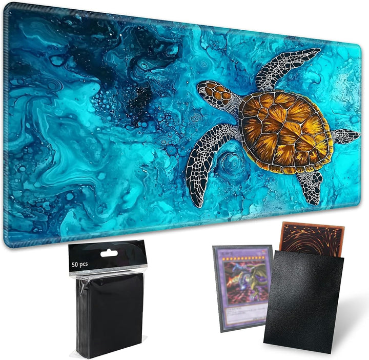 TCG Playmat Board Game Mat plus 50 Pcs Card Sleeves, 24 X 14 Table Mats Game Mousepad with Soft Surface Non-Slip Base for MTG RPG CCG Trading Card Game Playmats, Green Frog