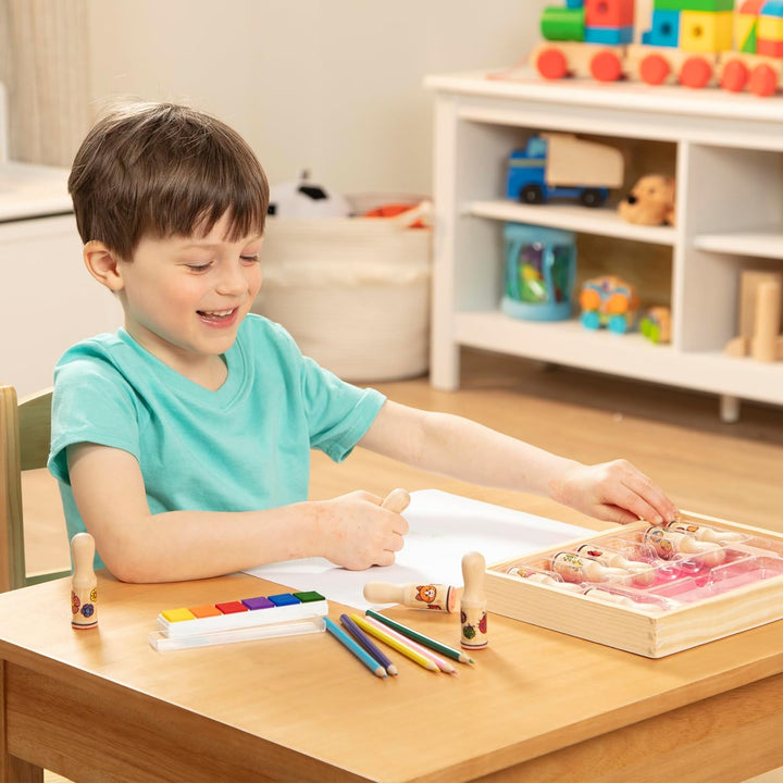Deluxe Happy Handle Stamp Set with 10 Stamps, 5 Colored Pencils, and 6-Color Washable Ink Pad