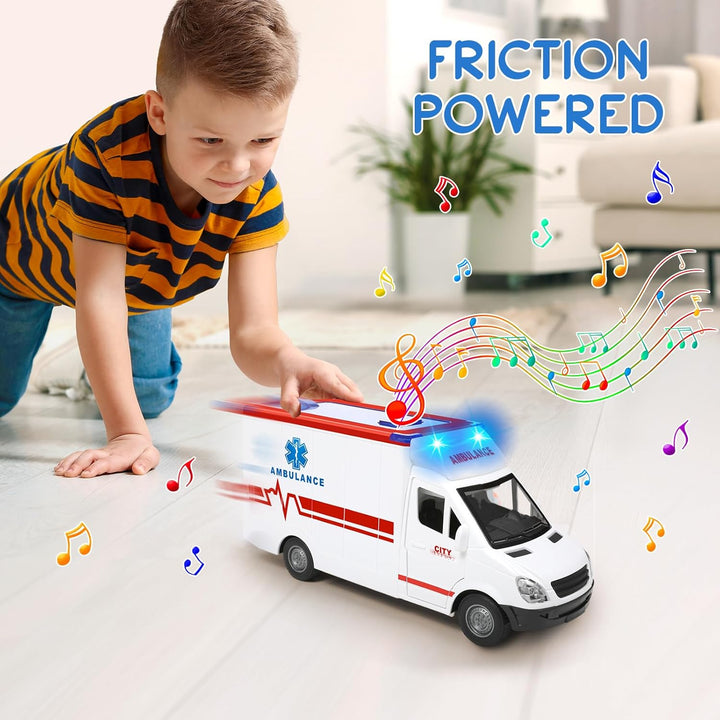 Toy Ambulance Boys Age 3-5 with 4 Different Flashing Lights & Sound, Back and Side Doors Open Friction-Powered Wheels Light up Toy Hospital Sets Buses Birthday Gift 3 4 Year Old and up Girl Boy Toys