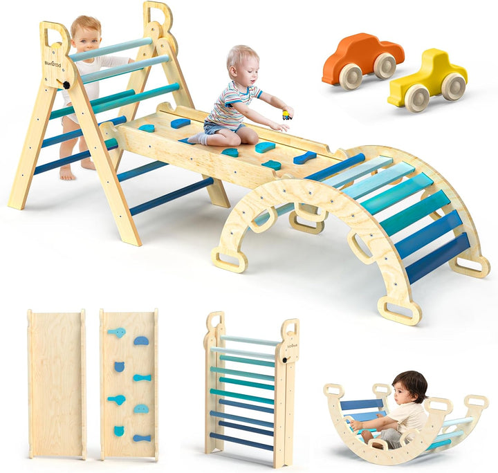 Pikler Triangle Set 7In1 Foldable Baby Climbing Toys Wooden Montessori Climbing Set with Arch&Ramp&Ladder Baby Climber Indoor Jungle Gyms for Toddlers Montessori Toys - Rainbow