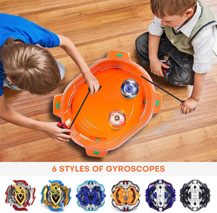 Battling Top Burst Toy Set, 6 Battling Tops 2 Launchers and 1 Stadium, Toys for 6 Year Old Boys & Girls & Up（Orange）