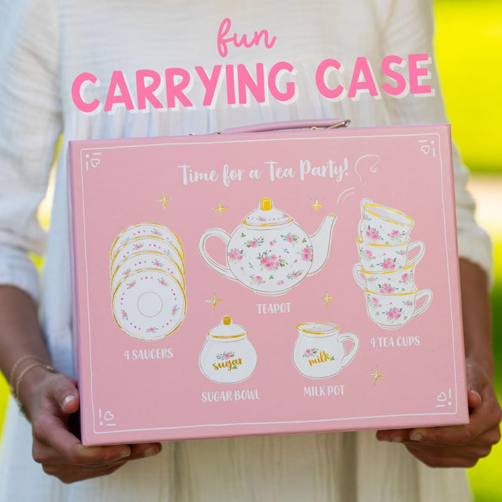 Porcelain Tea Set for Girls - White & Floral Tea Party Set for Kids I Complete Children Tea Sets with Carry Case, Teapot, Cups and More, Birthday Gift for Little Girls & Toddlers