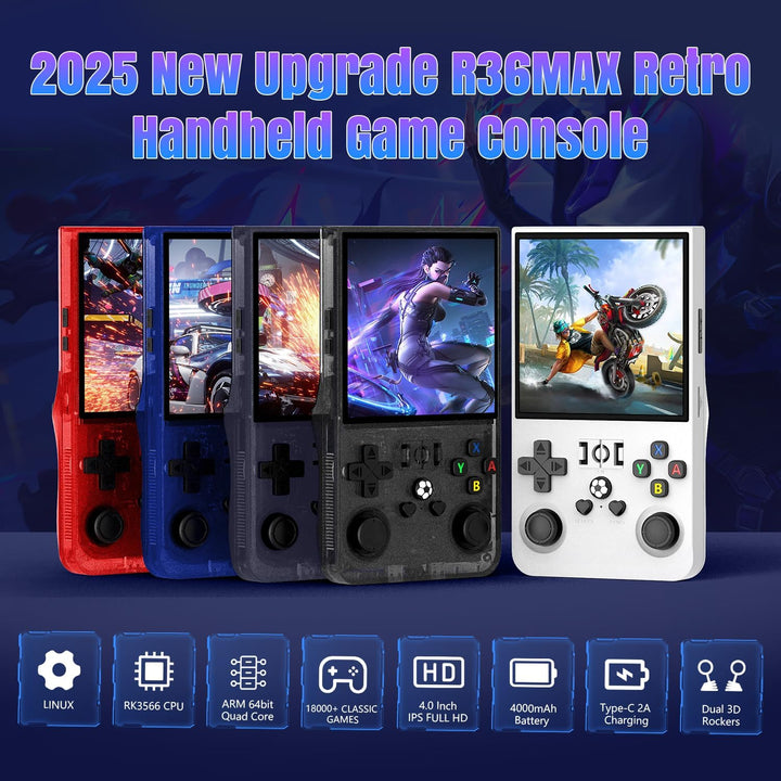 2025 New Upgrade R36MAX Retro Handheld Game Console with 64G Built-In 18000+ Classic Games, Portable Hand Held Open Source Linux System 4.0-In 4K HD IPS Screen Video Player (White 64GB)