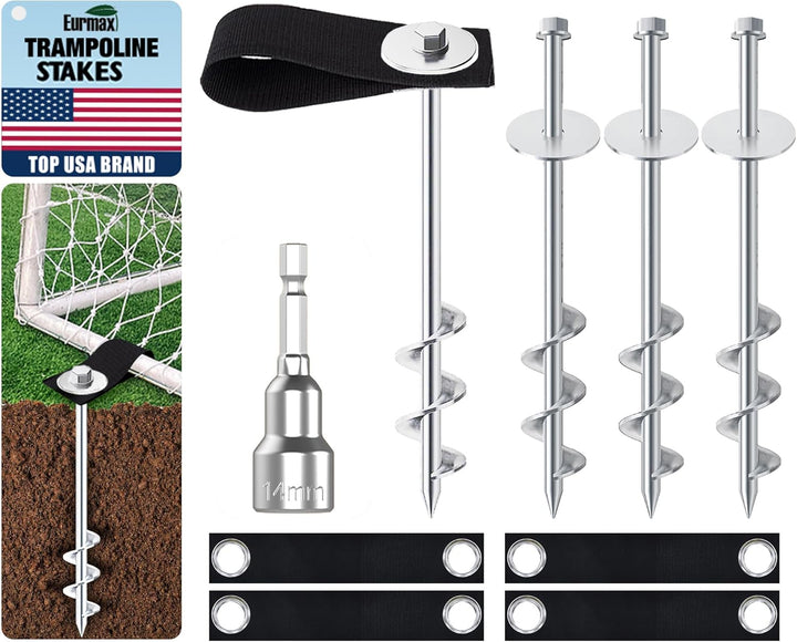 USA Trampoline Stakes Heavy Duty Trampoline Parts Corkscrew Shape Steel Stakes Anchor Kit with T Hook for Trampolines -Set of 4 Bonus 4 Strong Belt,Black